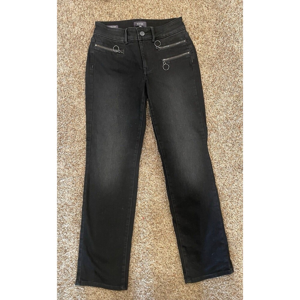 NYDJ Marilyn Straight Black Moto Zip Jeans Women's Size 0P #1011